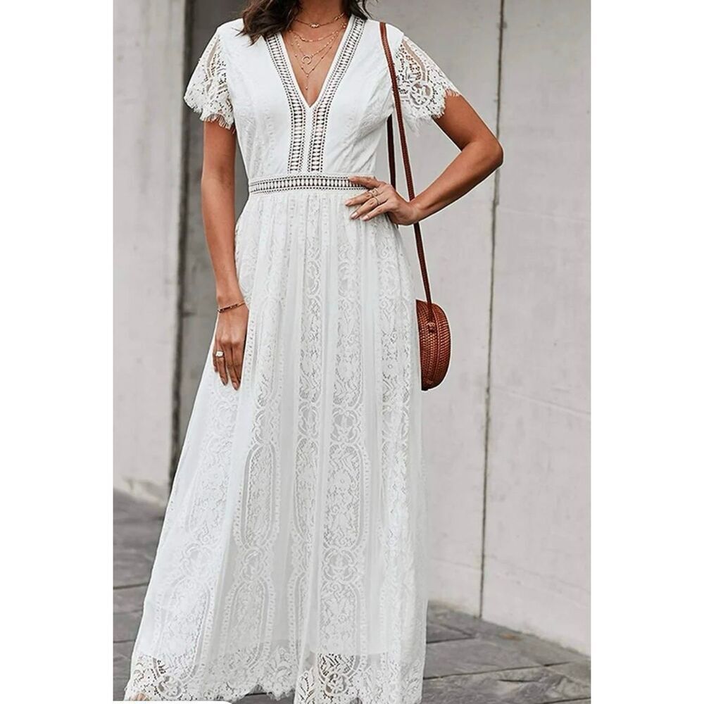 White lace overlay maxi dress size M feminine Boho size medium